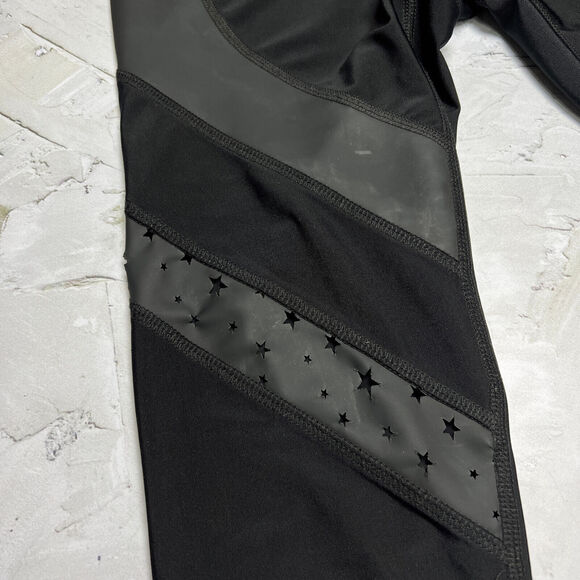 Terez SIZE Small Star Laser Cut Vegan Leather Panel Leggings Black Mesh 2241 - Picture 6 of 12